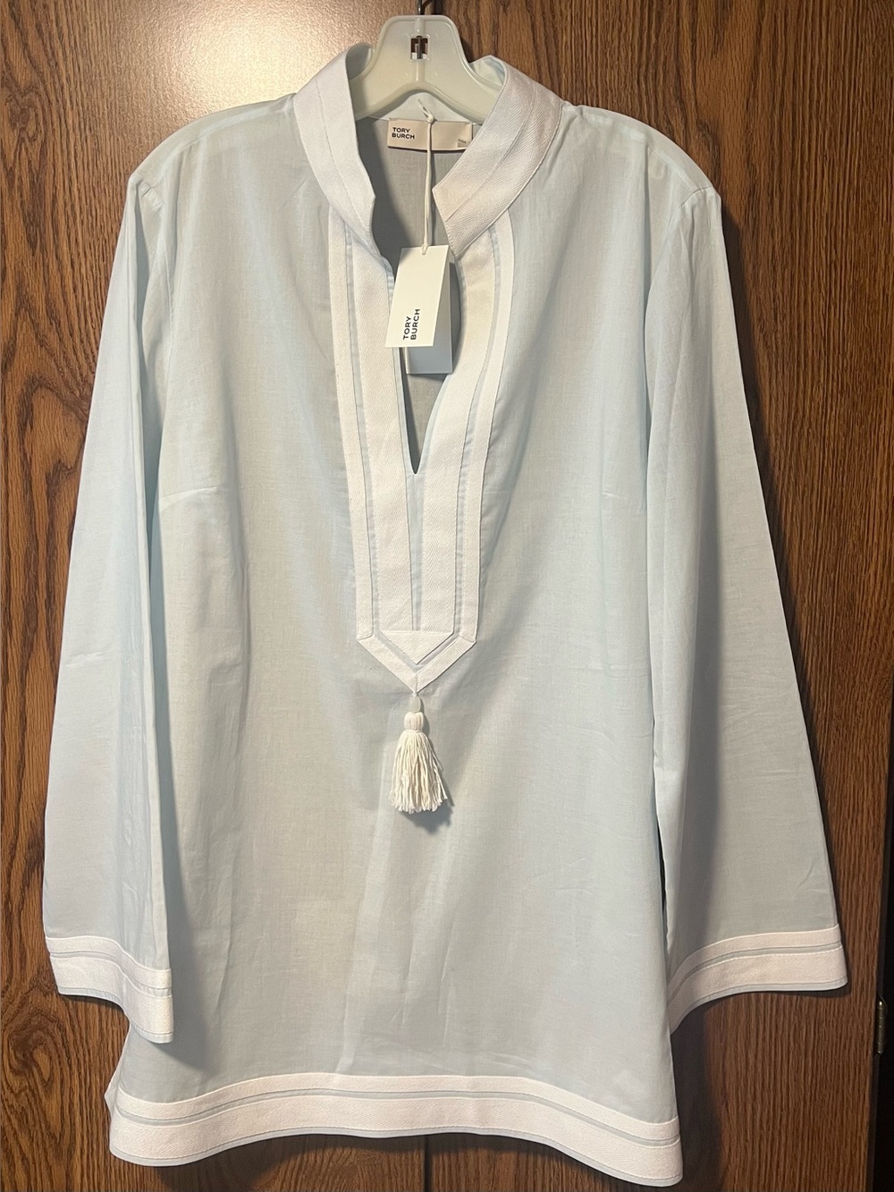Tory Burch Tunic with White Trim and Tassel, color 412 iced blue, New With Tags!